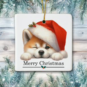 Santa Hat Winking Akita Puppy Merry Christmas Ceramic Ornament