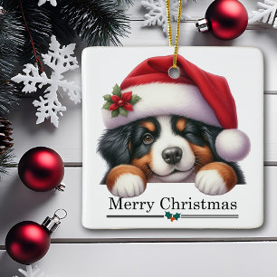 Santa Hat Winking Bernese Mountain Puppy Christmas Ceramic Ornament