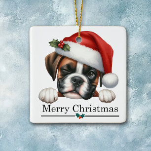 Santa Hat Winking Boxer Dog Puppy Christmas Ceramic Ornament