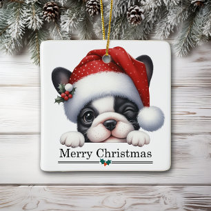Santa Hat Winking French Bulldog Puppy Christmas Ceramic Ornament