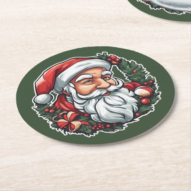 Santa hat with wreath - round paper coaster (Angled)