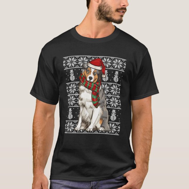 Santa Hat Xmas Australian Shepherd Ugly Christmas  T-Shirt (Front)
