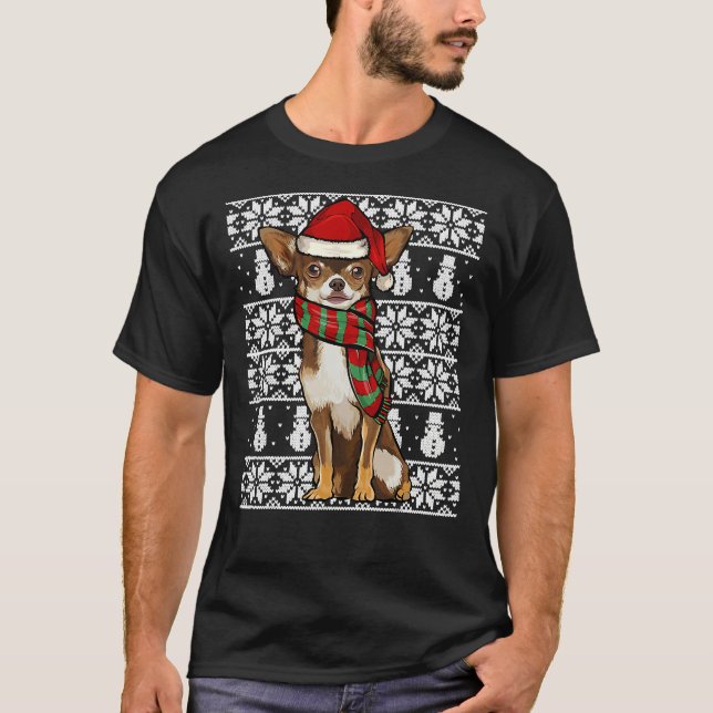 Santa Hat Xmas Brown Chihuahua Ugly T-Shirt (Front)