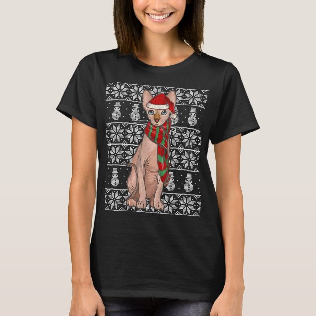 Santa Hat Xmas Sphynx Cat Ugly Christmas T-Shirt (Front)