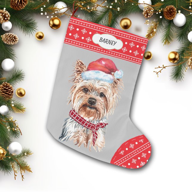 Santa Hat Yorkie Snowflake Border Large Christmas Stocking (Creator Uploaded)
