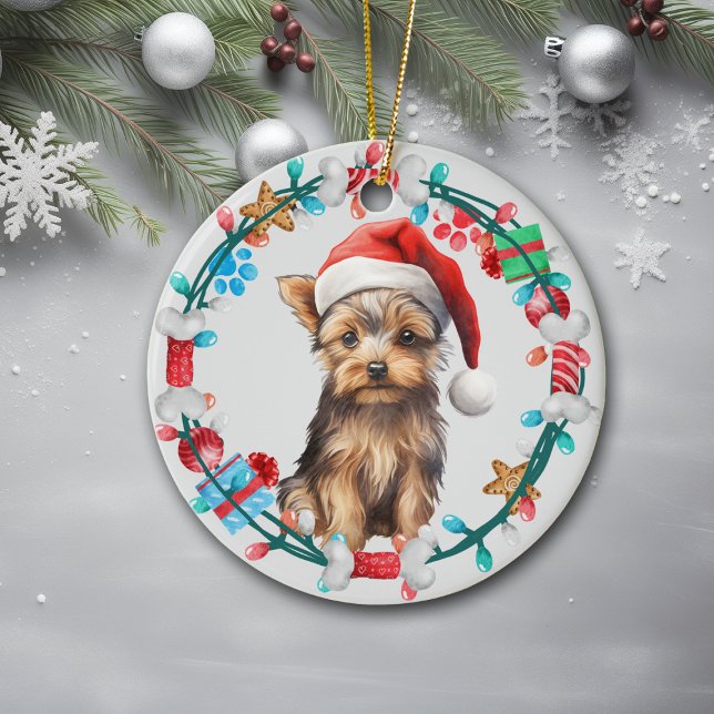 Santa Hat Yorkshire Terrier Dog Bone Wreath Ceramic Ornament (Creator Uploaded)