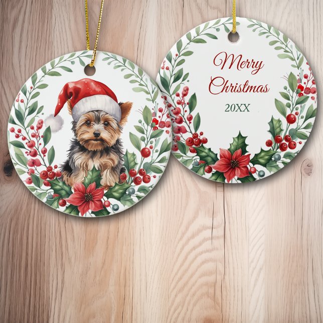 Santa Hat Yorkshire Terrier Poinsettia Wreath Ceramic Ornament (Creator Uploaded)