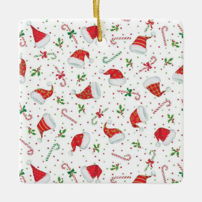 Santa Hats and Candy Canes Ceramic Tree Decoration (Front)