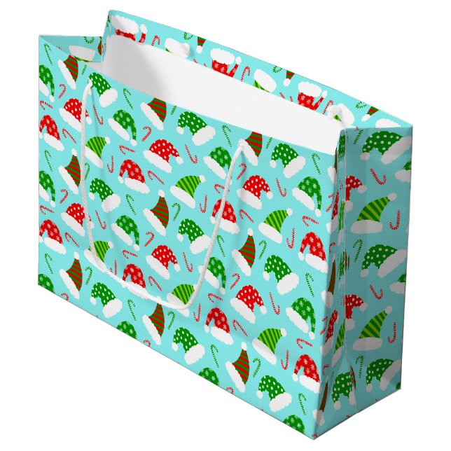 Santa Hats and Candy Canes Christmas Pattern Large Gift Bag (Front Angled)
