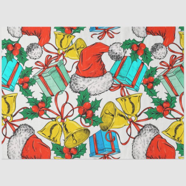 Santa Hats, Gifts and Bells Tissue Paper (Front)