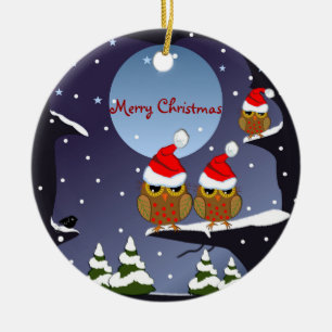 Santa Hats Owls in a snowy world & custom text Ceramic Tree Decoration