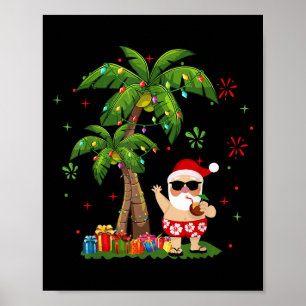 Santa Hawaiian Christmas Palm Tree Lights Xmas Poster