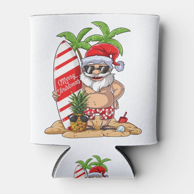 Santa Hawaiian Surfing Christmas Summer Surf Hawai Can Cooler (Front)