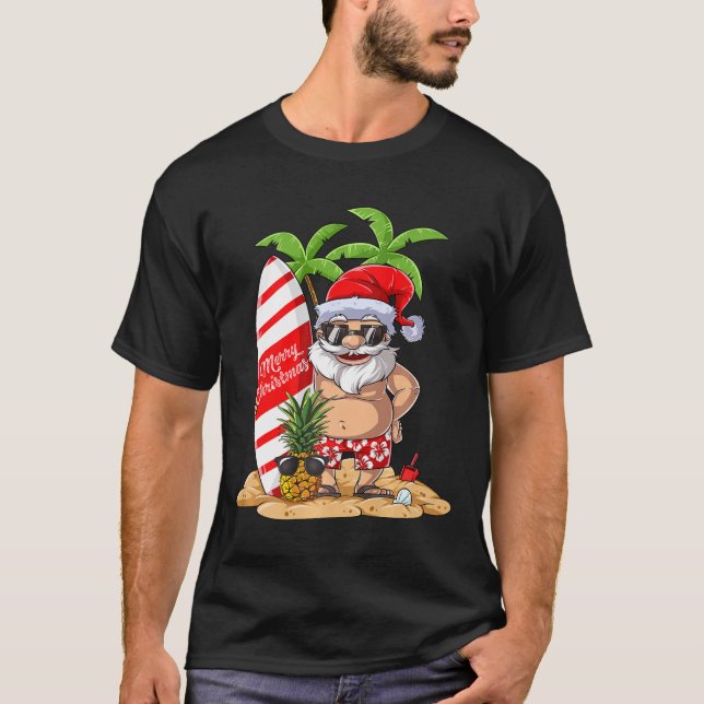 Santa Hawaiian Surfing T Shirt Christmas Summer Su (Front)