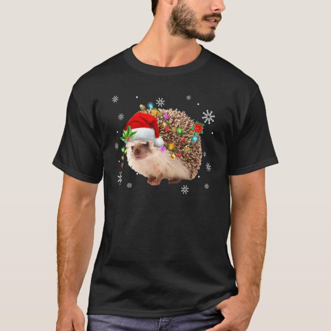 Santa Hedgehog Christmas Tree Light Pajama X Mas M T-Shirt (Front)
