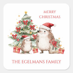 Santa Hedgehogs Christmas Square Sticker