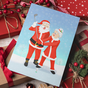 Santa Helping Mrs. Claus With Her Golf Swing Postcard