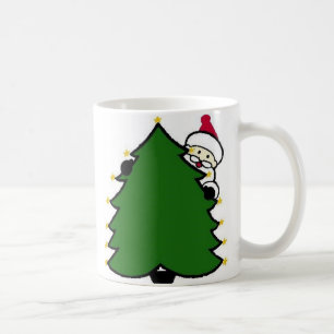 Santa Hides Behind Christmas Tree Coffee Mug