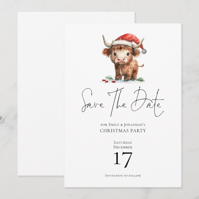 Santa Highland Cow Christmas Save the Date Invitation (Front/Back)
