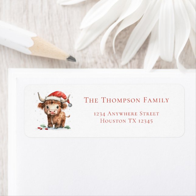 Santa Highland Cow Return Name Address Christmas Label (Insitu)