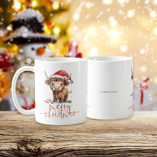 Santa Highland Cow Script Name Merry Christmas Coffee Mug