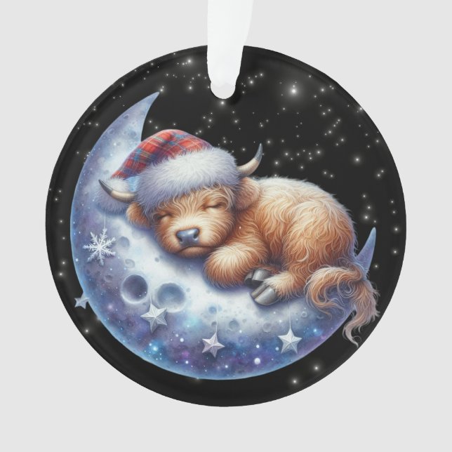 Santa Highland Cow Sleeping on the Moon Ornament (Front)
