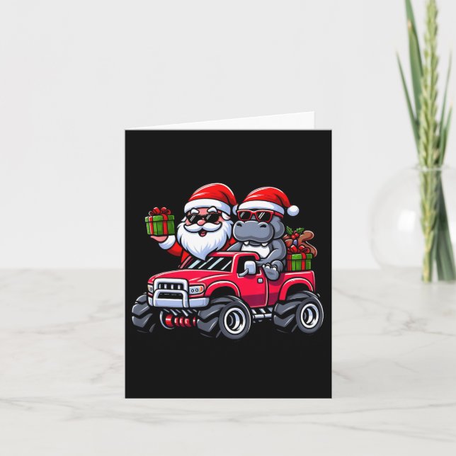 Santa Hippopotamus Riding Monster Truck Christmas  Card (Front)