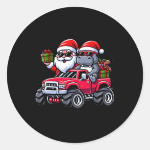 Santa Hippopotamus Riding Monster Truck Christmas Classic Round Sticker