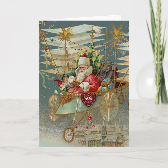 Santa & His Amazing Flying Machine Greeting Card (Front)