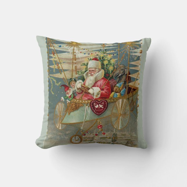 Santa & His Amazing Flying Machine Throw Pillow (Front)