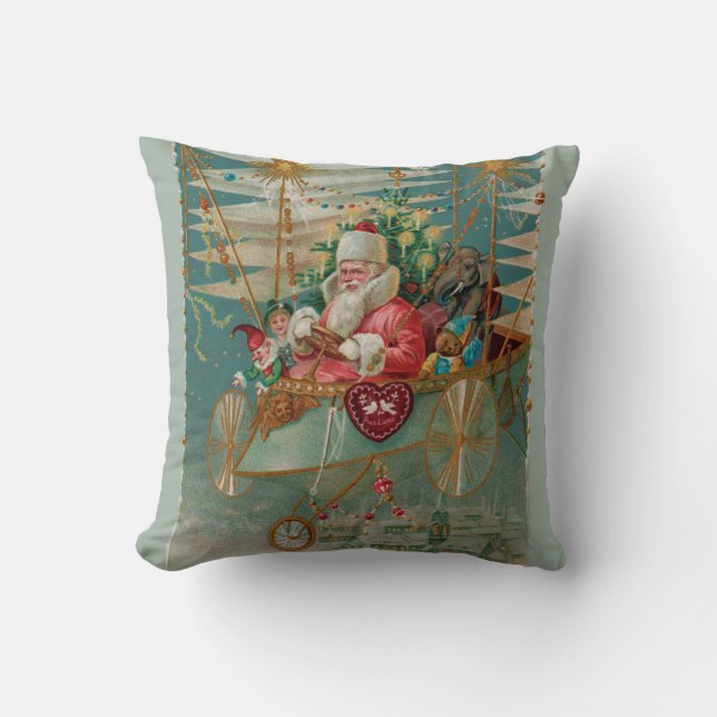 Santa & His Amazing Flying Machine Throw Pillow (Front)