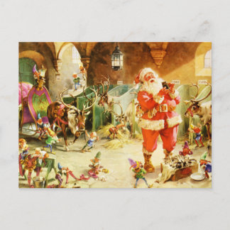 Santa & His Elves in the North Pole Stables Holiday Postcard