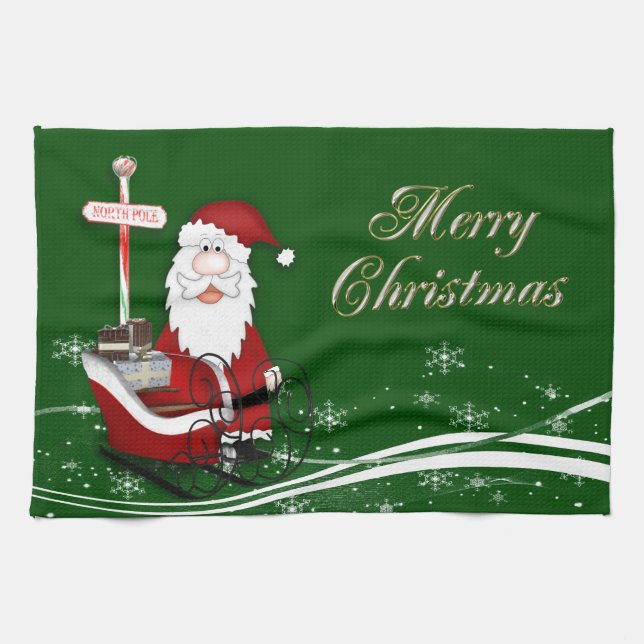 Santa & His Sleigh Christmas Kitchen Tea Towel (Horizontal)