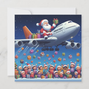 Santa hitching a ride on jumbo jet flat card