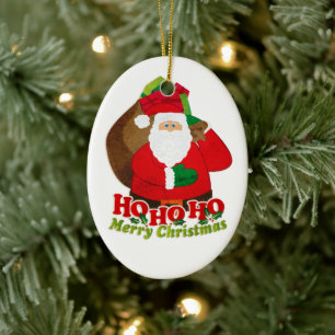 Santa HO HO HO red green & white ornament