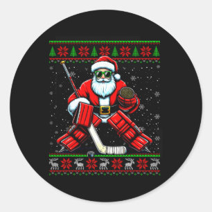 Santa Hockey Goalie Ugly Christmas Sweater Ice Hoc Classic Round Sticker