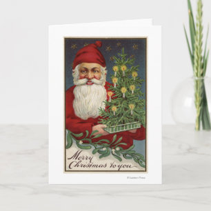Santa Holding a Candlelit Tree Holiday Card