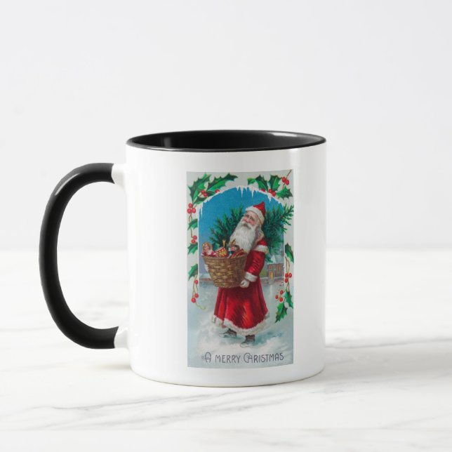 Santa Holding Basket of Toys Scene Mug (Left)