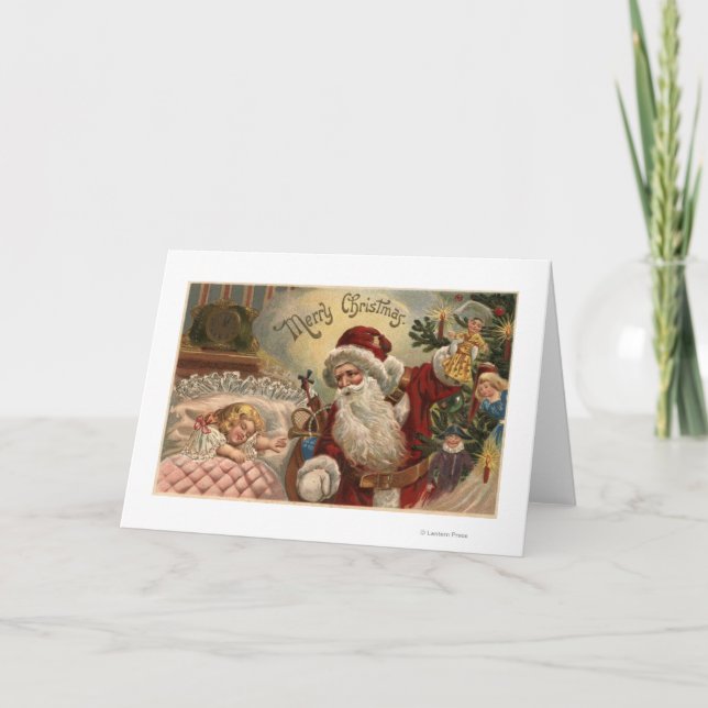 Santa Holding Doll, Sleeping Girl Holiday Card (Front)