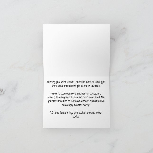 Santa holding fishing pole by shack christmas  holiday card (Inside)