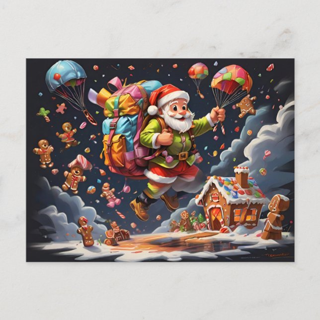 Santa holding on to parachute  holiday postcard (Front)