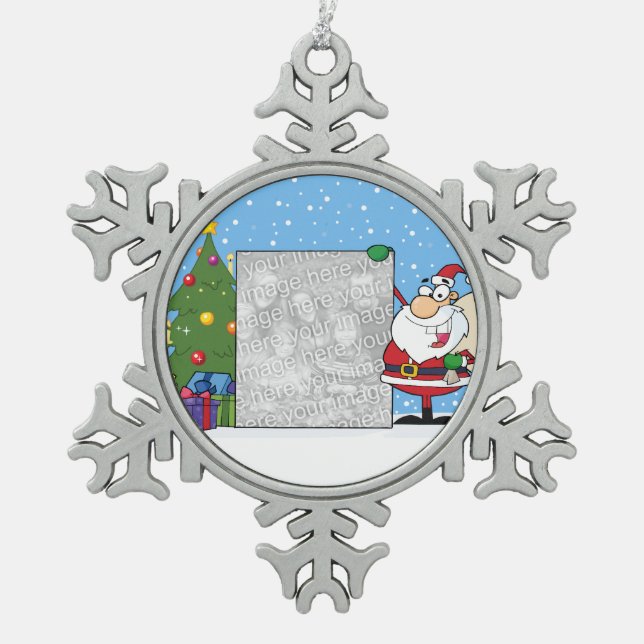 Santa Holding Photo Snowflake Pewter Christmas Ornament (Front)