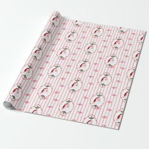 Santa Holly Cameo Window with Red Bow Stripe Wrapping Paper