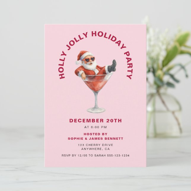 Santa Holly Jolly Christmas Party Pink & Red Invitation (Standing Front)
