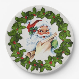 Santa Holly Wreath Christmas Party 9" Paper Plate