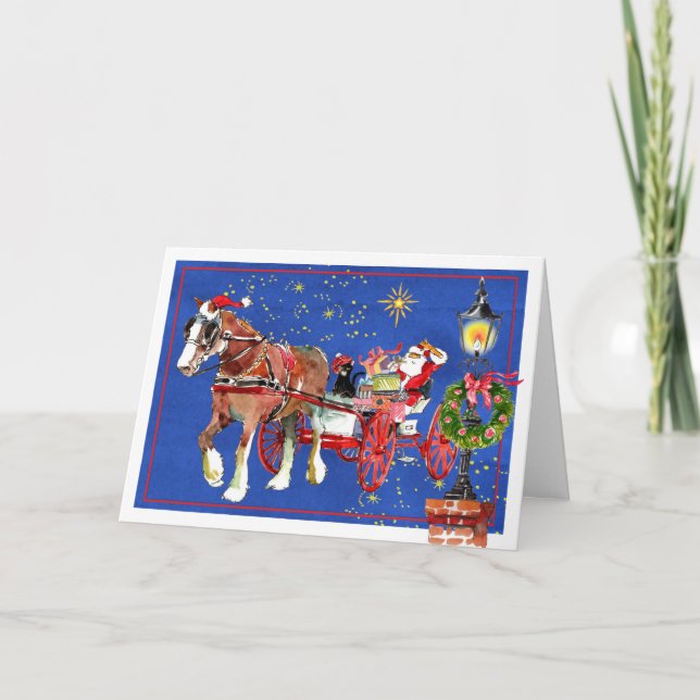 Santa Horse Scottish Cat Folded Christmas Card (Front)