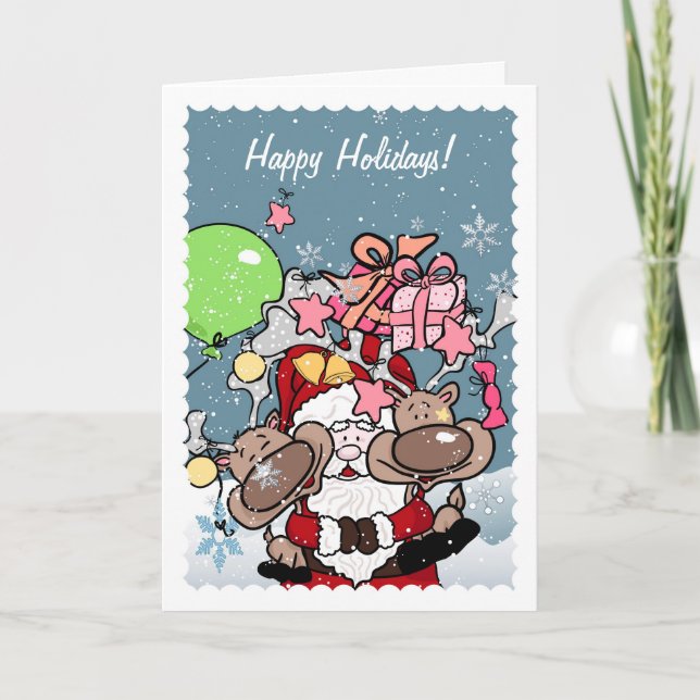 Santa Hugging his Reindeers Holiday Card (Front)