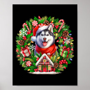 Santa Husky Christmas Floral Circle Matching Owner Poster