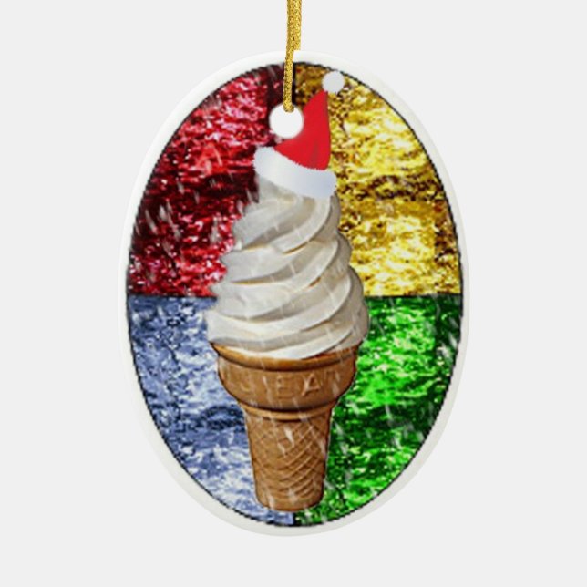 Santa Ice Cream Cone in Stained Glass Ceramic Ornament (Front)
