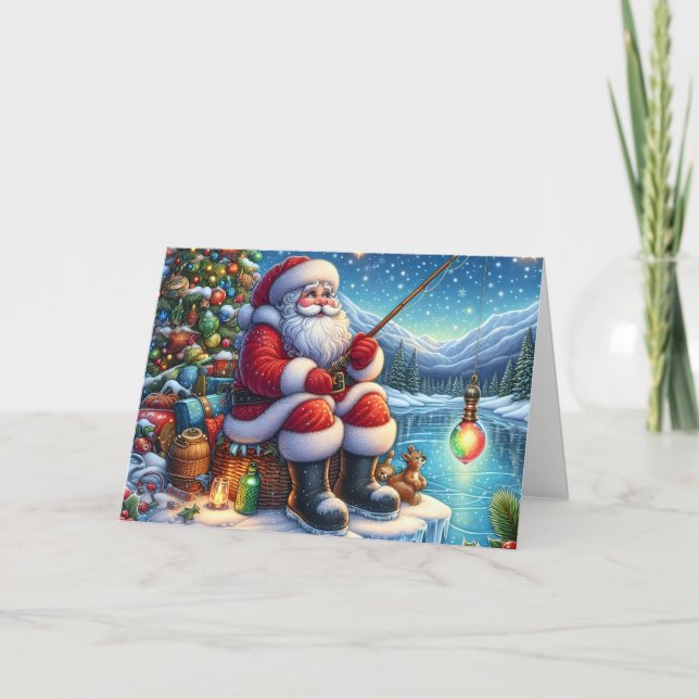 Santa Ice Fishing Christmas Holiday Card (Front)